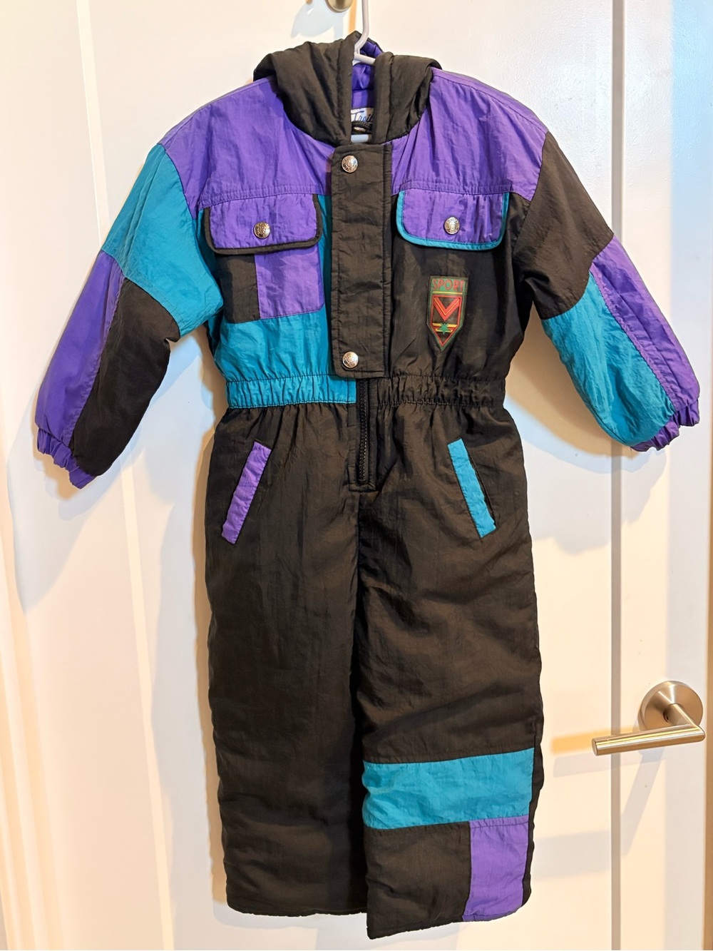 Kids Black One-Piece Snowsuit with Teal & Purple Panels